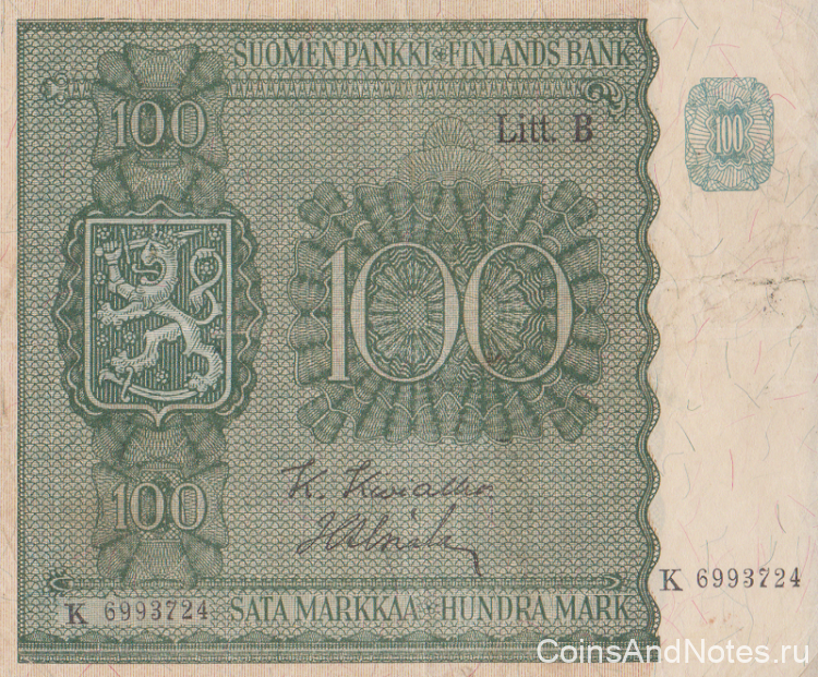 100 марок 1945 года. Финляндия. р88(3)