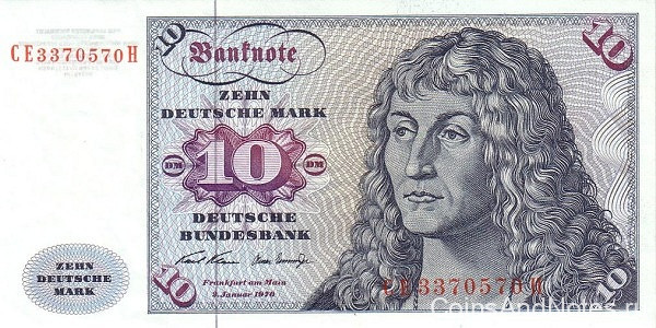 10 марок 02.01.1970 года. ФРГ. р31а(2)
