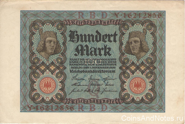 100 марок 01.11.1920 года. Германия. р69b