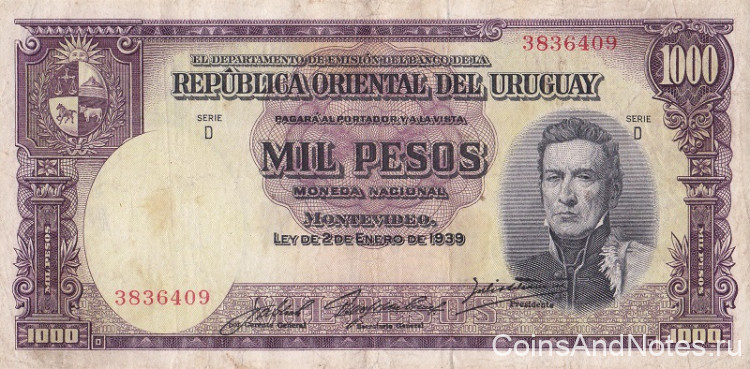 1000 песо 02.01.1939 года. Уругвай. р41с(1)