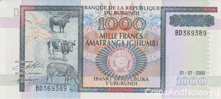 1000 франков 01.07.2000 года. Бурунди. р39с