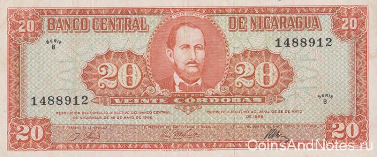 20 кордоба 1968 года. Никарагуа. р118