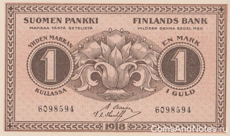 1 марка 1918 года. Финляндия. р35(5)