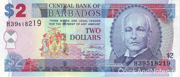 2 доллара 2007 года. Барбадос. р66а