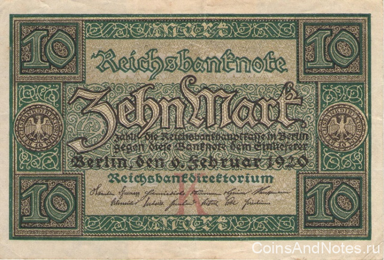 10 марок 06.02.1920 года. Германия. р67а