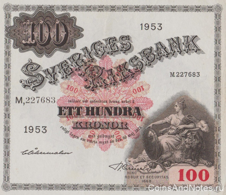 100 крон 1953 года. Швеция. р36di