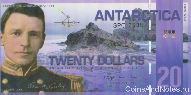 20 долларов 2008 года. Антарктика. 20-2008