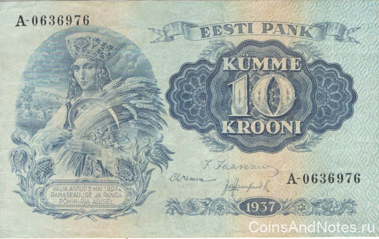 10 крон 1937 года. Эстония. р67