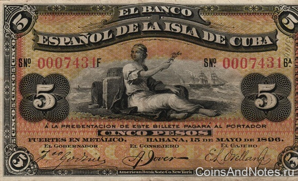 5 песо 15.05.1896 года. Куба. р48b