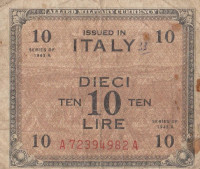 Банкнота 10 лир 1943А года. Италия. рM19а