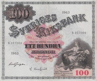 Банкнота 100 крон 1963 года. Швеция. р48е