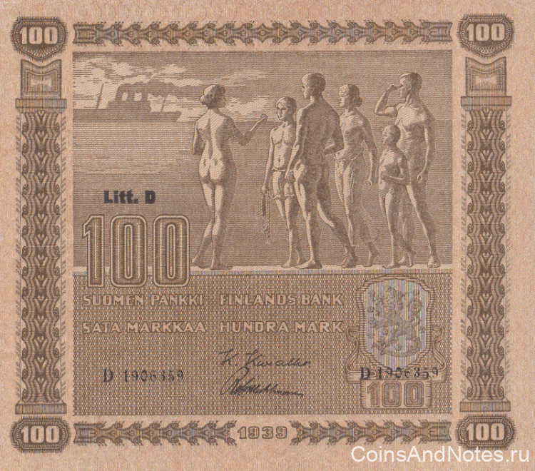 100 марок 1939 года. Финляндия. р73а(11)