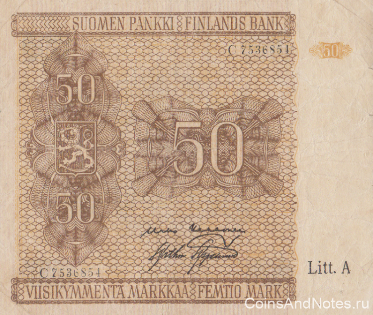 50 марок 1945 года. Финляндия. р79(14) 50 марок 1945 года. Финляндия. р79(14)