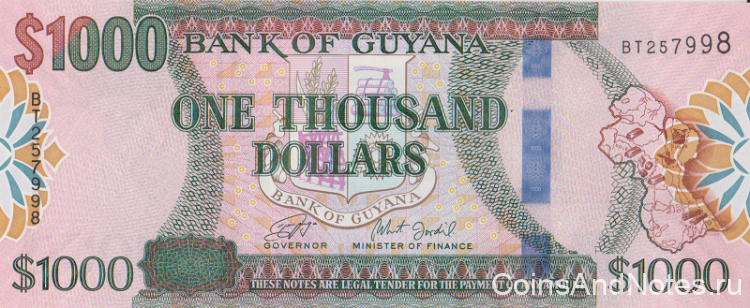 1000 долларов 2011-2019 годов. Гайана. р38с