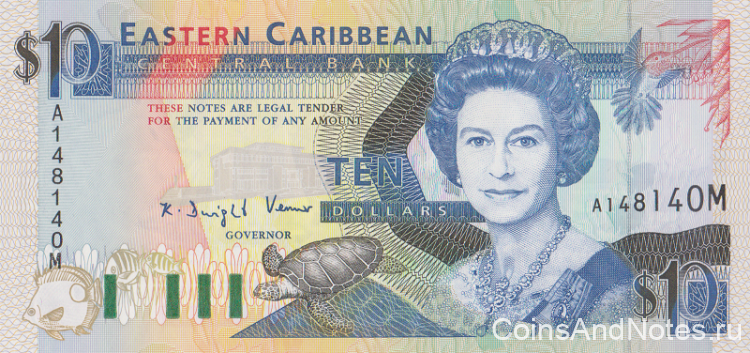 10 долларов 1993 года. Карибские острова. р27m