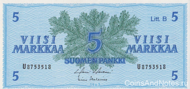 5 марок 1963 года. Финляндия. р106Аа(43)