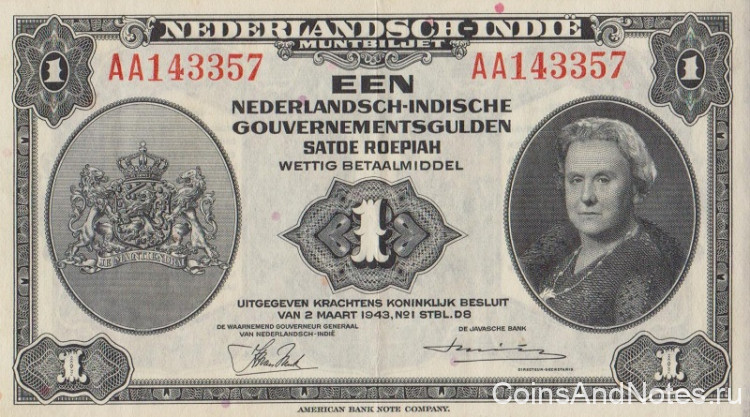 1 гульден 1943 года. Нидерландская Индия. р111