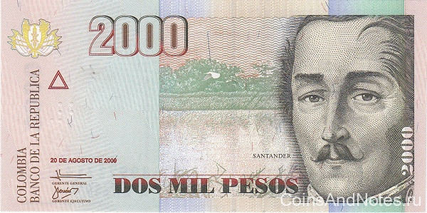 2000 песо 20.08.2009 года. Колумбия. р457k
