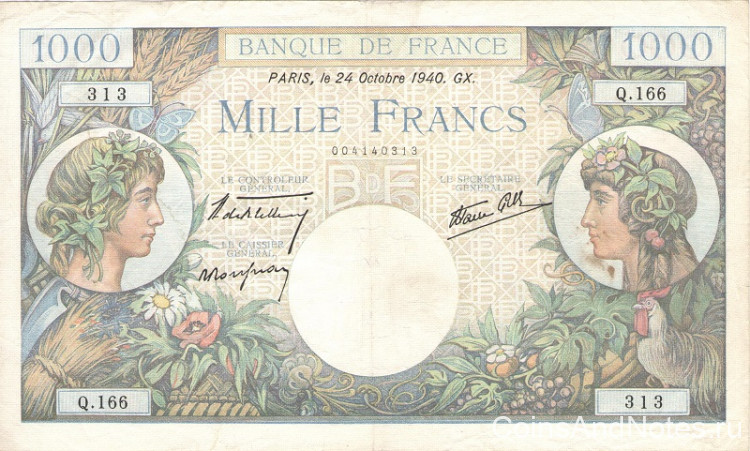 1000 франков 1940 года. Франция. р96ar