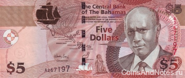 5 долларов 2007 года. Багамские острова. р72