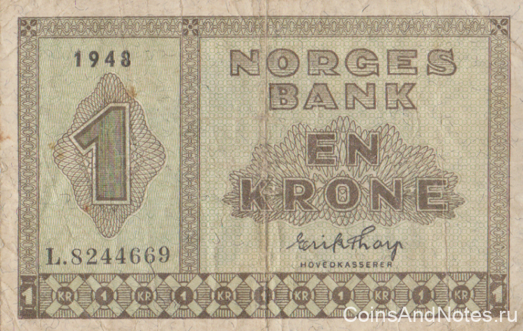 1 крона 1948 года. Норвегия. р15b