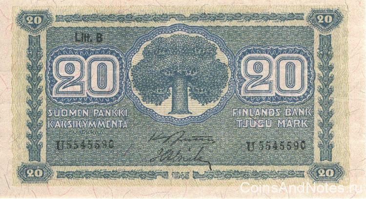 20 марок 1945 года. Финляндия. р86(7)