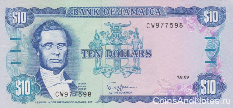 10 долларов 01.08.1989 года. Ямайка. р71с