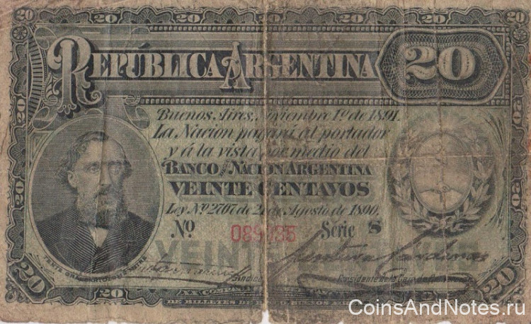 20 центаво 1891 года. Аргентина. р211b