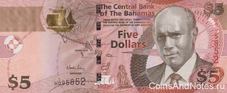 5 долларов 2013 года. Багамские острова. р72А
