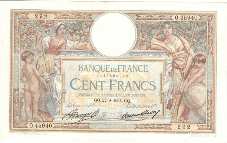 100 франков 1934 года. Франция. р78с