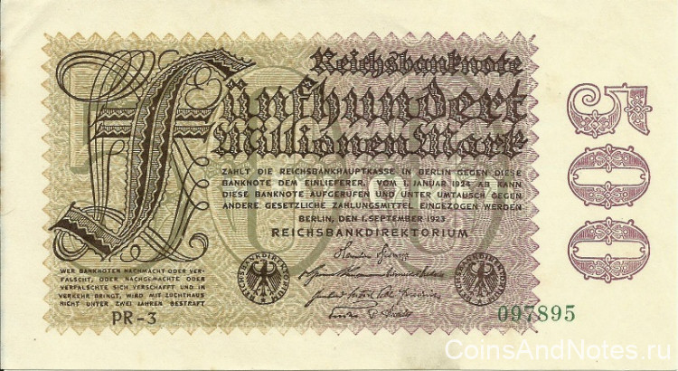 500 миллионов марок 01.09.1923 года. Германия. р110d