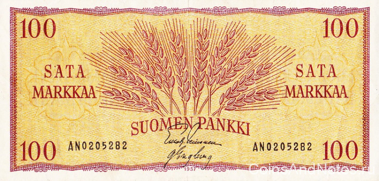100 марок 1957 года. Финляндия. р97а(11)