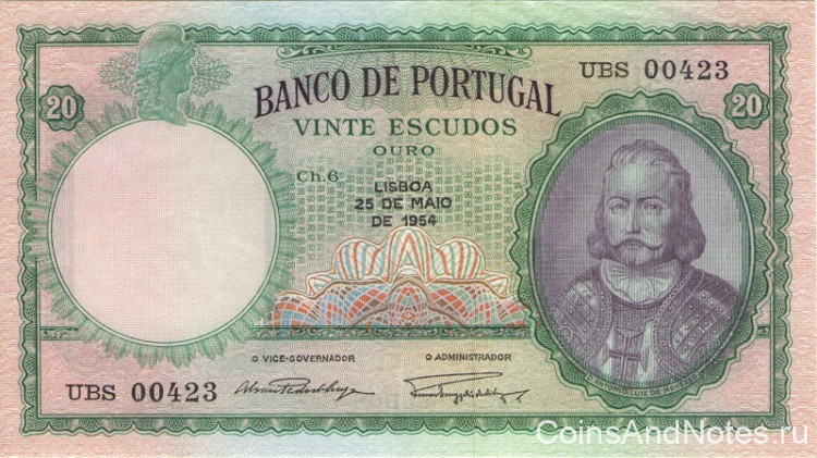 20 эскудо 1954 года. Португалия. р153а