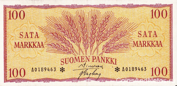 100 марок 1957 года. Финляндия. р97r(2)