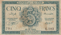 5 франков 1942 года. Алжир. р91