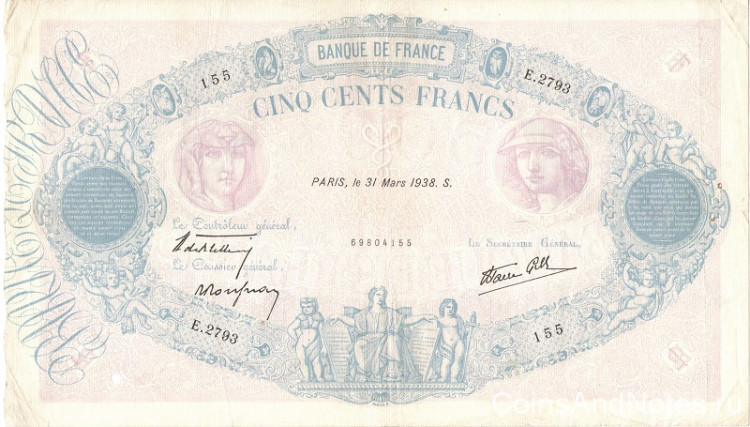 500 франков 31.03.1938 года. Франция. р88с