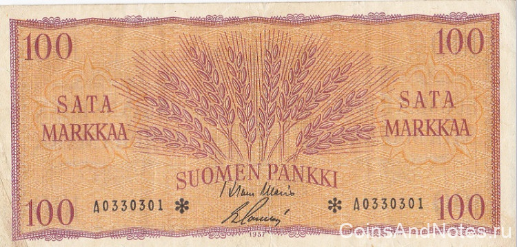 100 марок 1957 года. Финляндия. р97r(6)