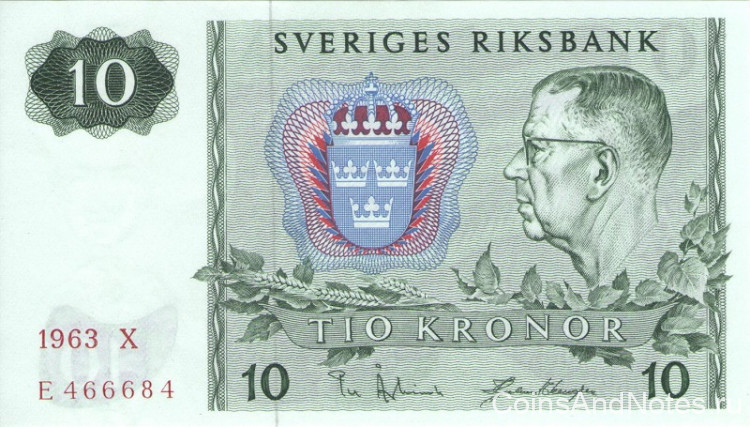 10 крон 1963 года. Швеция. р52а
