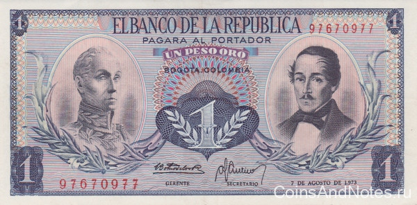 1 песо 1973 года. Колумбия. р404е