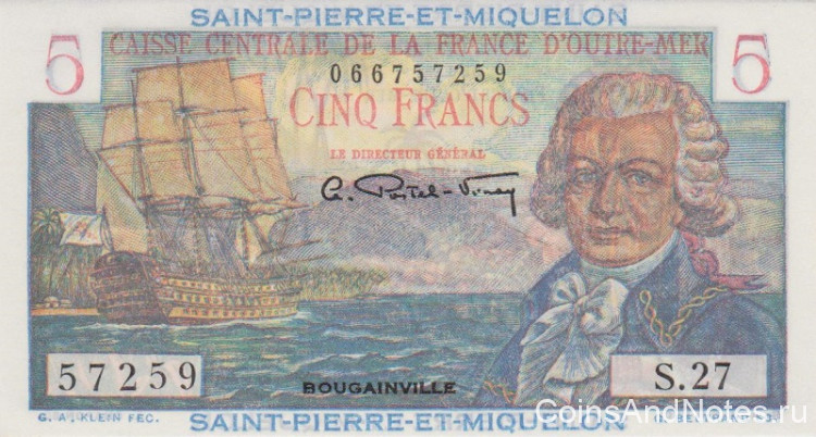 5 франков 1950-1960 годов. Сен-Пьер и Микелон. р22