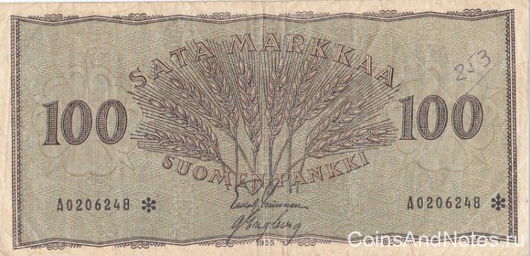 100 марок 1955 года. Финляндия. р91r(14)