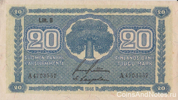 20 марок 1945 года. Финляндия. р86а(14)