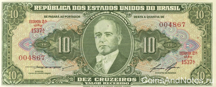 10 крузейро 1953-1960 годов. Бразилия. р159d