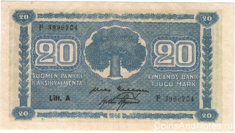 20 марок 1945 года. Финляндия. р78а(14)