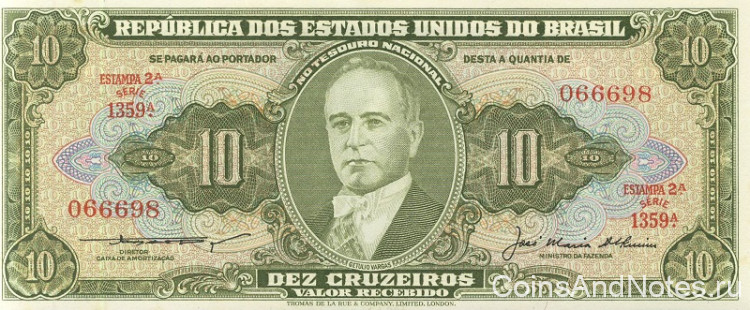 10 крузейро 1953-1960 годов. Бразилия. р159c