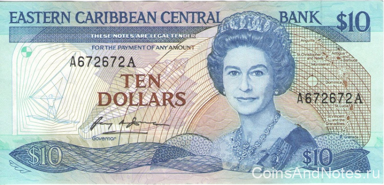 10 долларов 1985-1993 годов. Карибские острова. р23а(1)