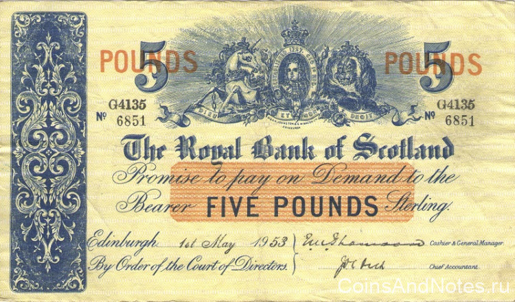 5 фунтов 1953 года. Шотландия. р323с