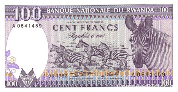 100 франков 01.08.1982 года. Руанда. р18