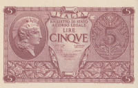 Банкнота 5 лир 1944 года. Италия. р31с