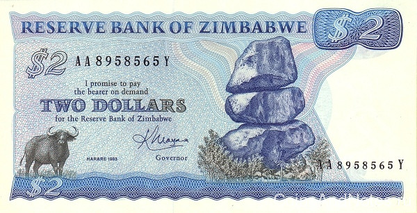2 доллара 1983 года. Зимбабве. р1b